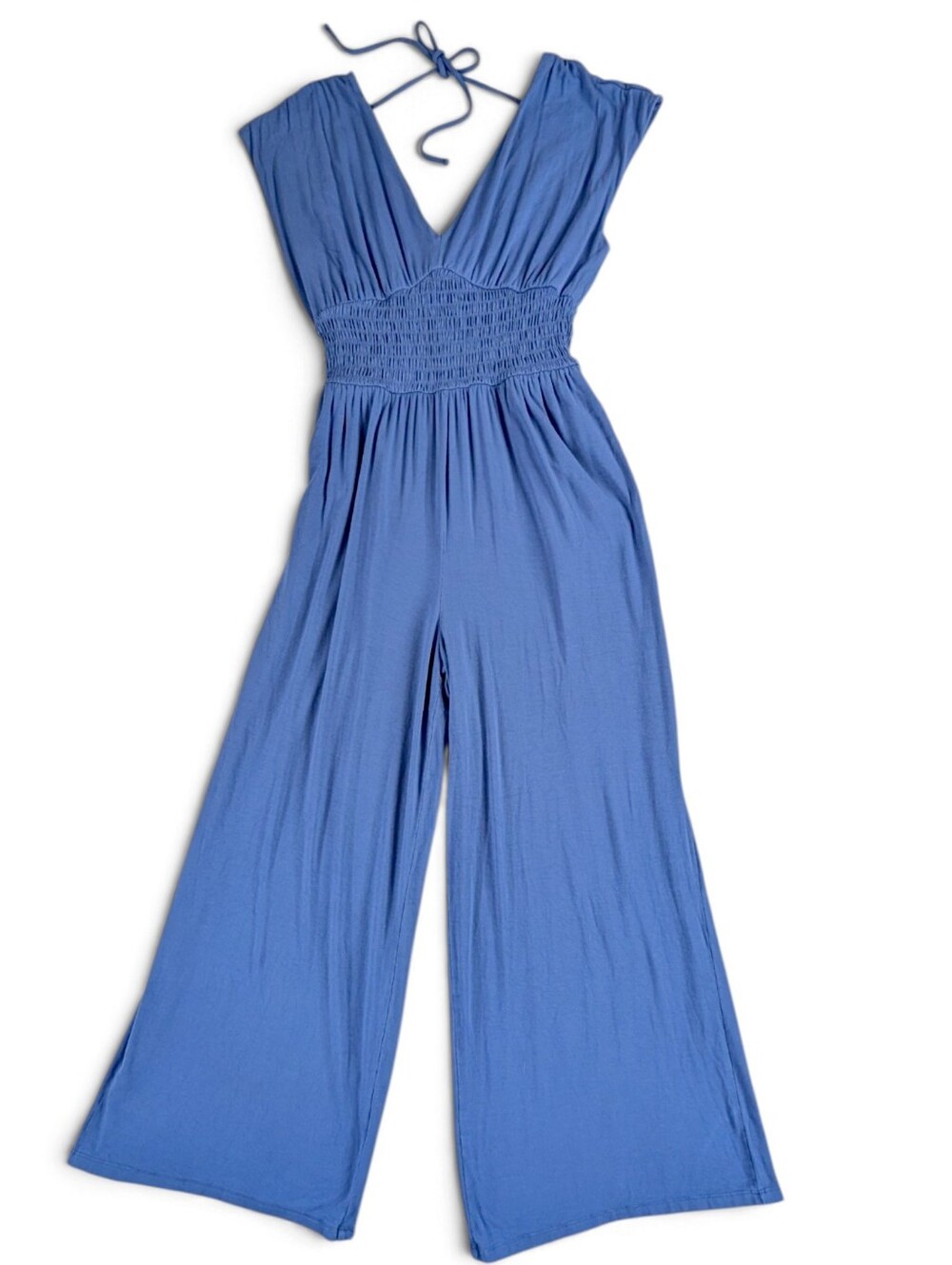 Old Navy Jumpsuit Women's XS Blue Wide Leg Sleeveless V-Neck Smocked Waist Tie